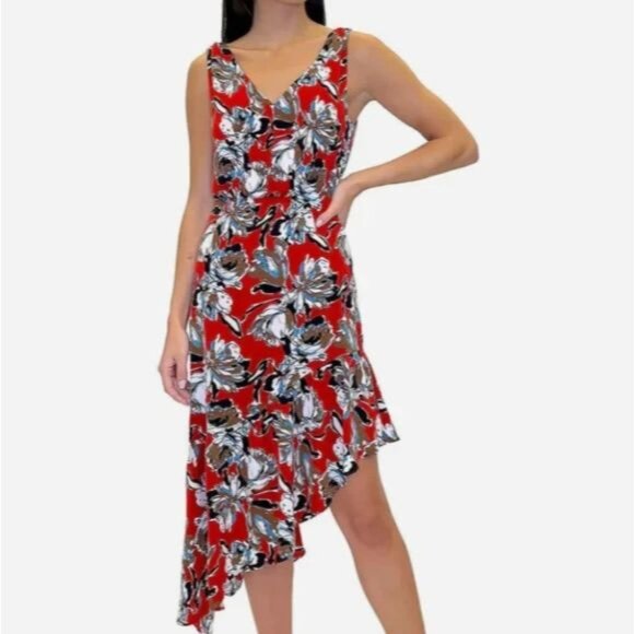 Sam Edelman Women's Size 4 Red Floral Print Asymmetrical Ruffle Midi Dress NWT - Picture 1 of 11